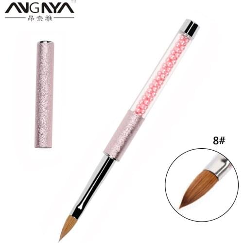 ANGNYA 1Pc Nail Art Kolinsky Sable Acrylic Brush 8# Pink Pearl Decor Metal Liquid Powder DIY Painting Carving Pen Nail Art Tools