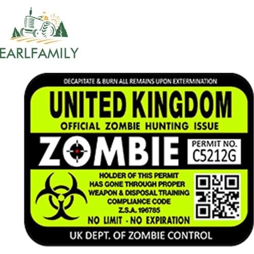 EARLFAMILY 15cm x 10cm Car Styling United Kingdom Zombie Hunting License Permits Waterproof Car Sticker Bumper Trunk Accessories