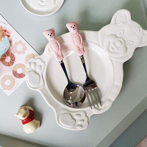 3PCS INS Cute Bear Ceramic Bowls Korean Cartoon Student Tableware Dessert Breakfast Milk Fruit Salad Soup Bowl With Spoon Fork