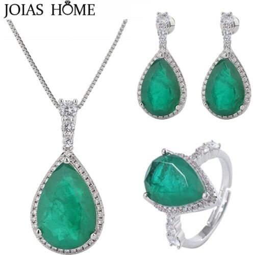 JoiasHome 925 Sterling Silver Jewelry Set for Woman Fashion with Emerald Gemstone Earrings Ring Necklace Fashion Wholesale