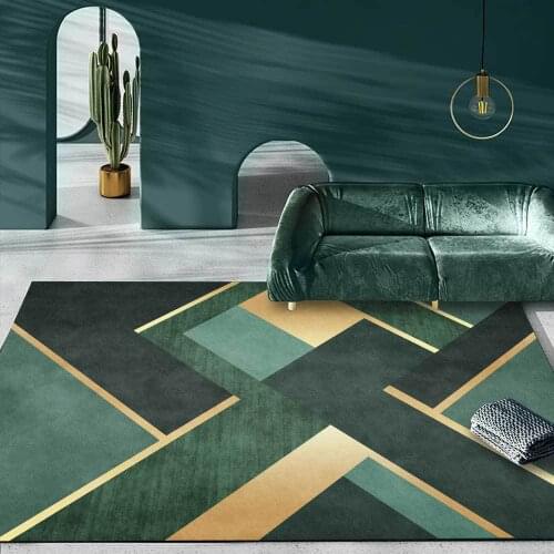 Fashion Modern Light Luxury Dark Green Gold Geometric Stitching Living Room Bedroom Bedside Carpet Floor Mat Customization