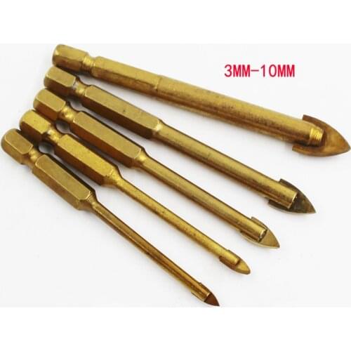 5Pcs Glass Drill Bit Set Titanium Plating Tungsten Carbide Tipped Ceramic Tile Cutter 3-10mm Hex Shank Power Tools Accessories