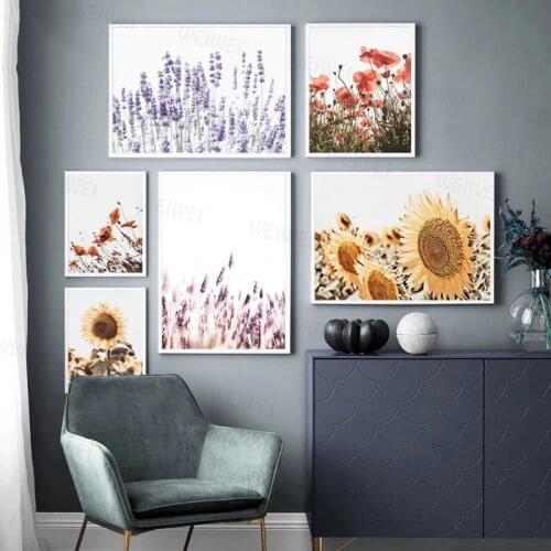 Pink Poppies Lavender Flower Wall Poster Nordic Botanical Floral Print Scandinavian Canvas Painting Sunflower Art Picture Decor