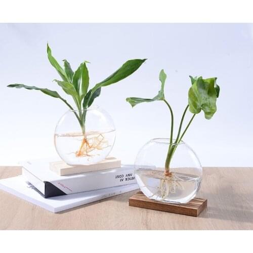 Desktop Round Crystal Glass Planter Terrarium with Retro Solid Wooden Stand Wedding Flower Vase Decor for Hydroponics Plants