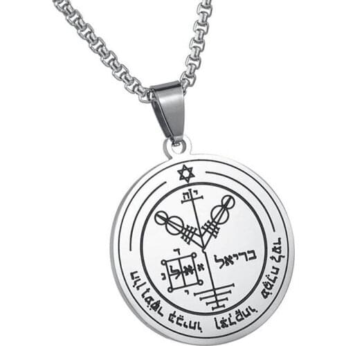 New Trendy Silver Color Key of Solomon Mens Necklace Round Pendant Stainless Steel Seals of The Seven Archangels Woman Jewelry