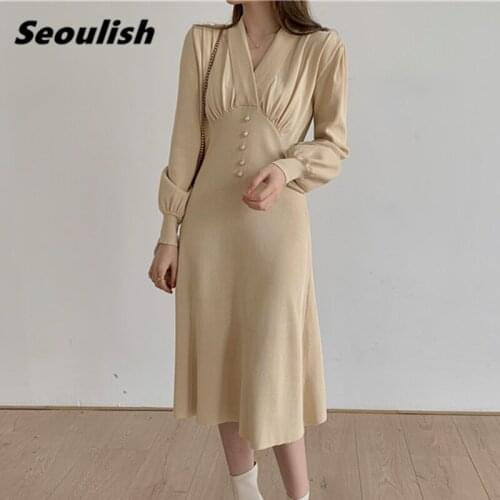 Seoulish Autumn Winter Lantern Sleeve Elegant Knitting A-Line Dress Long Sleeve V-Neck Buttons Office Lady Sweater Dress Female