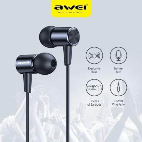 Awei L2 Wired Earpuds 3.5mm Plug HiFi Stereo Surround Earbuds In-ear Wire-Controlled Microphone Call Music Wired Earphones