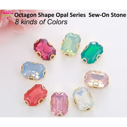 RESEN Mix Colors Octagon Shape Sew on Rhinestones With Gold Claw Set Resin Opal Pink/ Green/Peach/Blue/White Stones For Dress