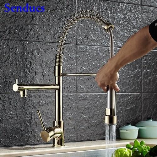 Senducs Gold Spring Kitchen Faucet Oil Rubbed Bronze Kitchen Sink Faucet Quality Brass Pull Down Black Kitchen Mixer Tap