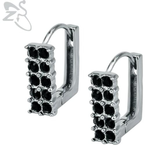 Rectangle Punk Hoop Earring Black Cubic Zirconia Stones Stainless Steel Round Earrings Huggie Piercing For Women Men Jewellery