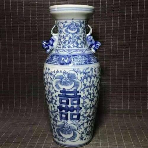 Old China Blue and white porcelain Hand Painted Double happiness double ear vase