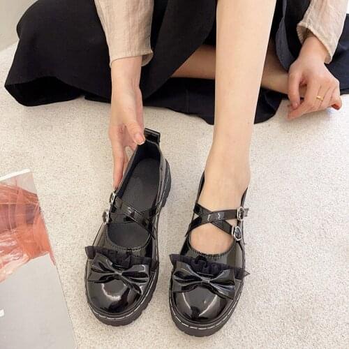 Pu Leather Womens Japanese Jk Uniform Loli Shoes Retro College Style Lolita Mary Jane Bow Cross Buckle Mid Heel Vintage Kawaii