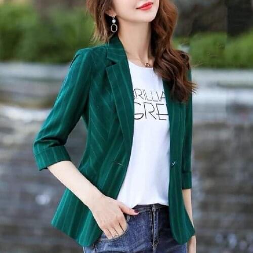 2021 Spring And Summer Striped Suit Coat Fashion Single Button Notched Plus Size 3xl Green Yellow Red Women Blazers And Jackets