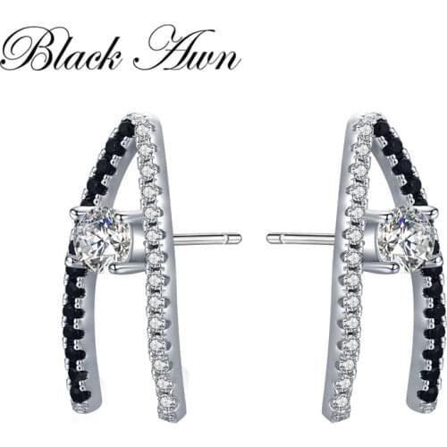 [BLACK AWN] Genuine 925 Sterling Silver Earrings Jewelry Wedding Stud Earrings for Women Row Black Spinel Female Bijoux T010