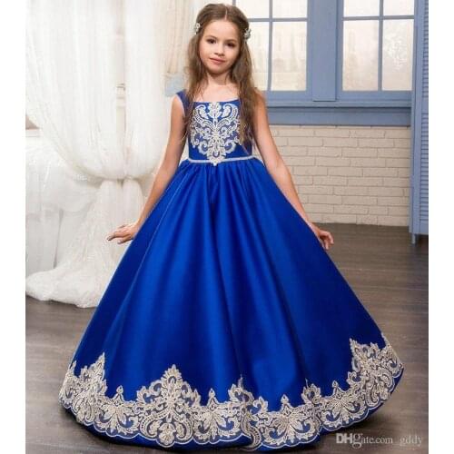 Royal Blue Flower Girl Dresses O-Ncek Appliques Sleeveless Ball Gown Formal Bow Sashes First Communion Gowns Vestidos Longo