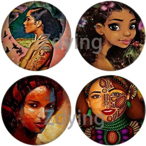 Zdying 10pcs African Woman Girls Painting Printed Afro Abstract Round Glass Cabochon Photo Dome DIY Pendant Jewelry Findings