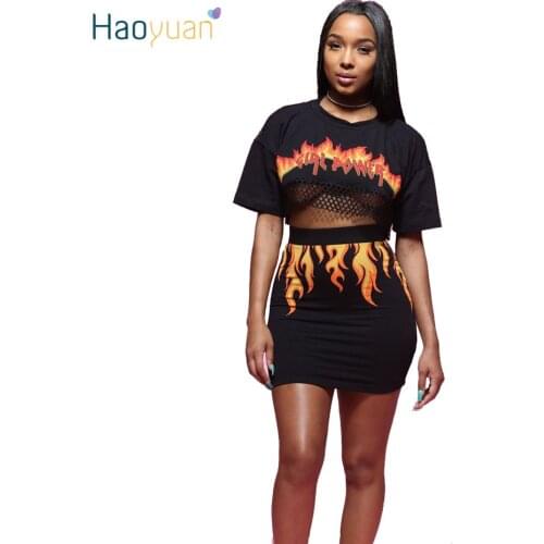 ZOOEFFBB 2 Piece Set Women Fire Flame Print Back See Through Sexy Mesh Crop Top Mini Skirt Club Outfit Two Piece matching sets