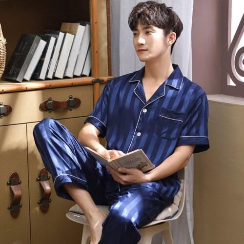 2pieces Summer Pajamas Set For Men Stripe Short Sleeve Thin Man Sleepwear Nightwear Homewear For Male