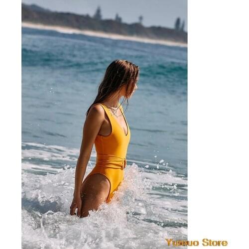 2021 Solid One Piece Swimsuit Women Sexy Belt Orange Swimsuit Fashion Monokini Summer Bathing Suit Women Plus Size Swimwear S-XL