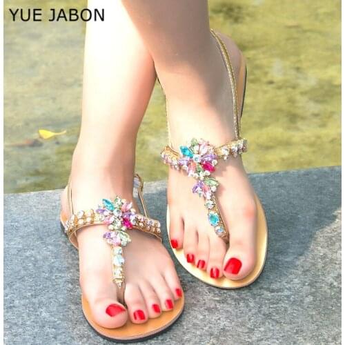 2020 Women‘s summer bohemia diamond sandals Flat beach shining crystal boho shoes T-strap thong Flats flip flops Plus Size 43