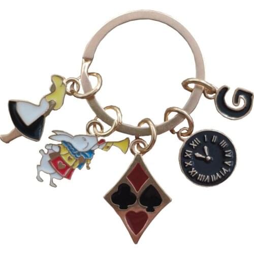A-Z Black Letters Unique KC Gold Plated Alice in Wonderland Clock Poker Style Rabbit Bunny Keychain Key Ring Jewelry Gift