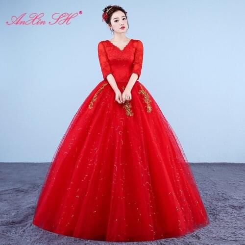 AXJFU princess flower red lace wedding dress vintage party v neck turkey ball gown golden lace flower white wedding dress