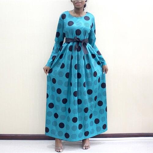 Polka Dot Print Ovresize Maxi Dresses Women A-Line Long Sleeve New Muslim Fashion Evening Gowns Dress with Sashes