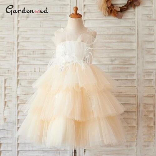 Kids Puffy Tulle Layer Flower Girl Dress Satin Scoop Lace Appliques Baby Communion Dress 2020 Backless Organza Tired Ball Gown