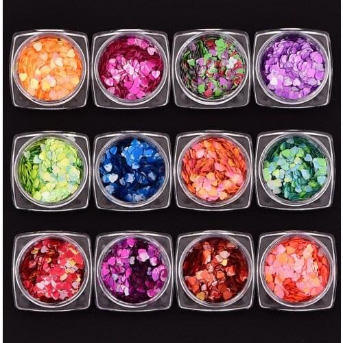 12 Box Beauty Plastic Thin Round Nail Art Mini Paillette Heart Design Colorfu Stickers Nail Art Decorations