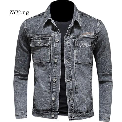 Spring European Style Cotton Bomber Pilot Gray Slim Denim Jacket Men Jean Coat Motorcycle Casual Youth Clothing Overcoat Outwear
