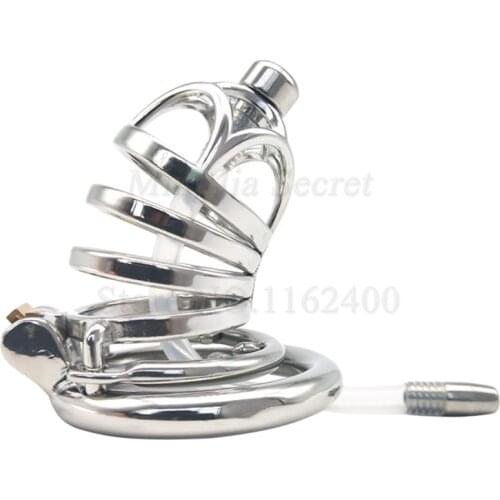 Stainless Steel Male Chastity Device with Catheter Barbed Anti-off Ring,Cock Cage,Penis Rings,Penis Lock,BDSM Sex Toys for Man