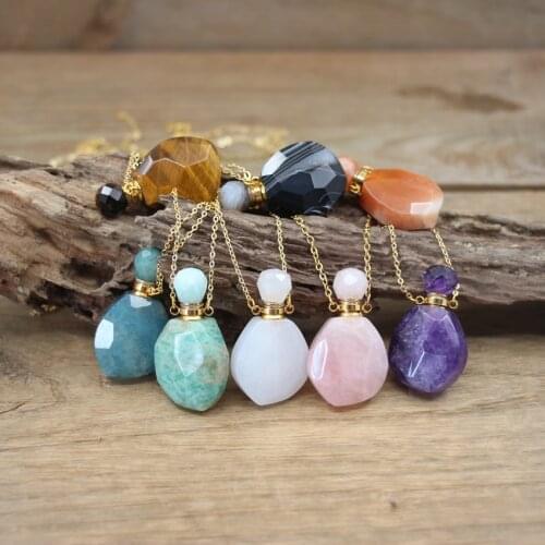 Natural Black Lace Agates Essential Oil Vial Pendant Necklace Tiger eye Amethysts Gems Quartz Jades Perfume Bottle Charms QC1056