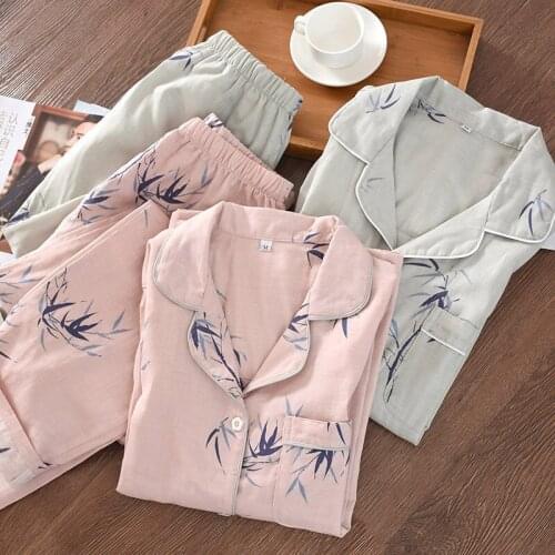 Autumn Pyjama Loose Gauze Cotton Couple Pijama Set Long-Sleeved Sleepwear Top+ Long Pant Lovers Pajamas Sets Women Nightwear