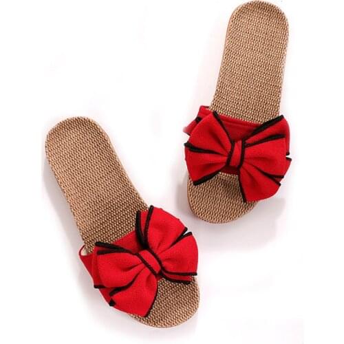 2020 Women Summer New Butterfly-Knot Home Slippers Summer Cool Eva Slippers Women Linen Belt Slides Female Sandals Flip Flops