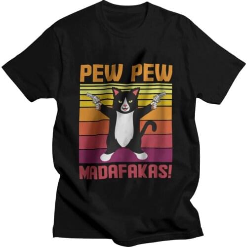 Vintage Funny Black Cat Tshirt Men Stylish Tee Tops 100% Cotton T Shirts Short Sleeve Pew Pew Madafakas T-shirts Gift Clothes