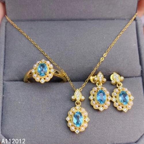 KJJEAXCMY fine jewelry natural Apatite 925 sterling silver luxury new girl pendant ring earrings set support test hot selling