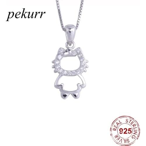 Pekurr 925 Sterling Silver Hollow Crystal Kawaii Kitty Cat Necklace For Women Cute Animal Cat Fashion Jewelry Accessories