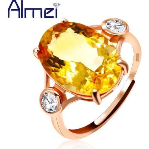 Almei 925 Sterling Silver Rings for Women Yellow Citrine Ring Female Rose Gold Color Oval Wedding Jewellery Gifts CJ051