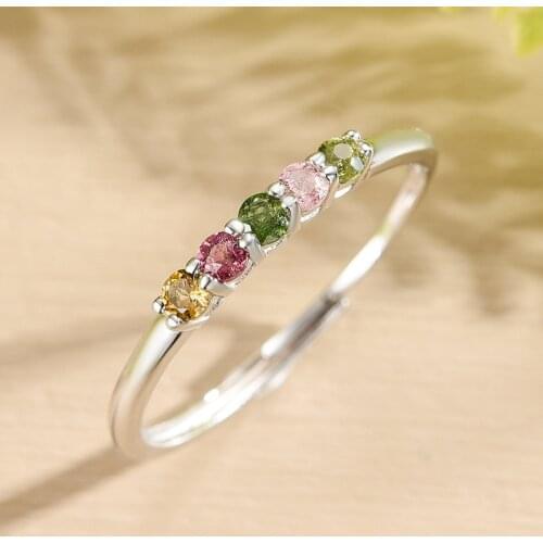 Tourmaline 925 Silver Women Ring Natural Stone Multicolor Sterling Silver S925 Opening Rings for Women Adjustable Wedding Ring