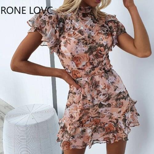 Women Floral Print Ruffle Hem Tied Detail Mock Neck Dress Bodycon Dress Casual Dress Summer Mini Dress