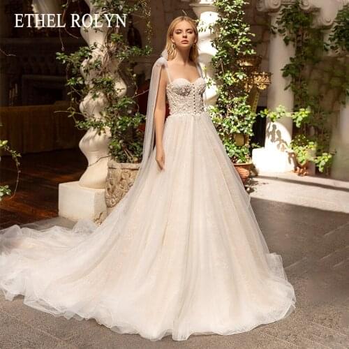 ETHEL ROLYN A-Line Wedding Dress 2021 Charming Beaded Sweetheart Lace Appliques Bride Backless Bow Spaghetti Straps Bridal Gown