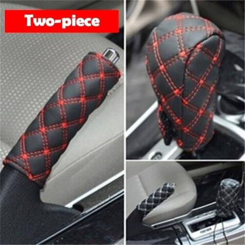 Car Faux Leather Gear Shift Knob Cover Hand Brake Cover Sleeve Car Car Interior Shift Handbrake Collar Case Accessory 2 In 1 Set