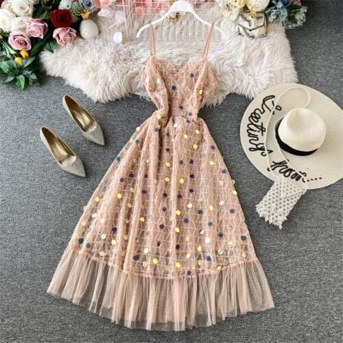 20 Spring Women Sequined Dress Lady Long Sleeveless A-line Strap Dress Summer Backless Fairy Tank Dress Vestidos Bottomings 1151