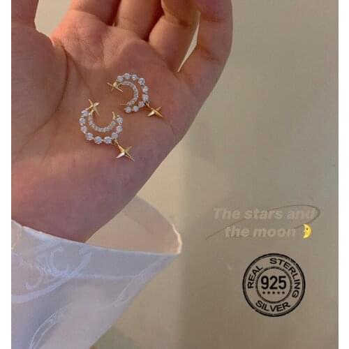 925 Sterling Silver Earrings For Women Set Star Moon Tassel Zircon Crystal Cute Retro Design Fashion Girl Wedding Jewelry INEFFA