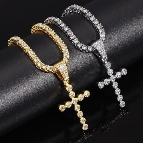 Crystal cross charm pendant 1 row tennis chain for women key of life hip hop mens necklace iced out gold silver color jewelry