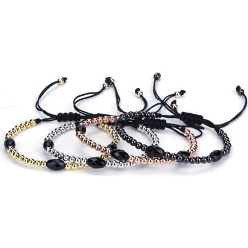Design Faceted Black Onyx Stone Bead Copper Charm Knot Adjustable Braiding Unisex Macrame Bracelet Man Woman