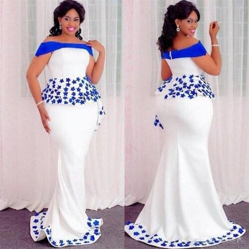 Elegant Off Shoulder Prom Dresses White Formal Party Tiered Gown Arabic Aso Ebi Muslim Blue Stars Applique Evening Dresses