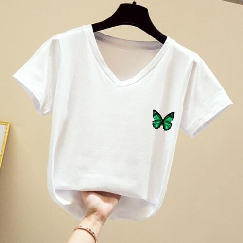 Summer Basic White T-shirt Women Korean Punk Butterfly Cartoon T-shirts Feminino Itself Short Sleeve V-neck 100% Cotton Tees