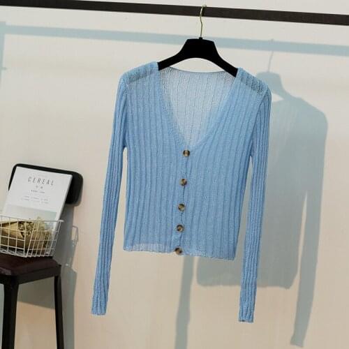 Thin Lightweight Knitted Women Sweater And Cardigan Autumn New Solid V-neck Button Short High Waists Female Outwear Coats Tops