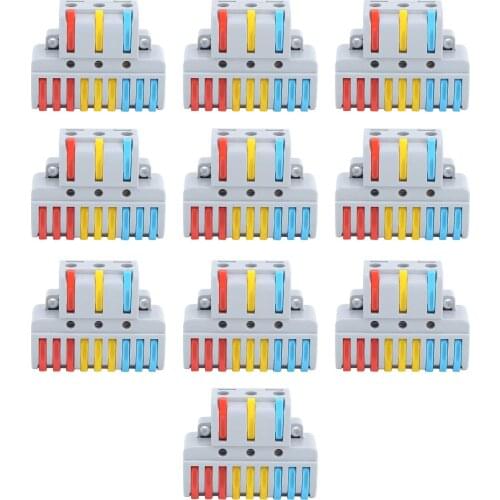 Fast Wire Connector, 10Pcs Wire Block Clamp Terminal 3 in 9 out Quick Wiring Electrical Connectors 933